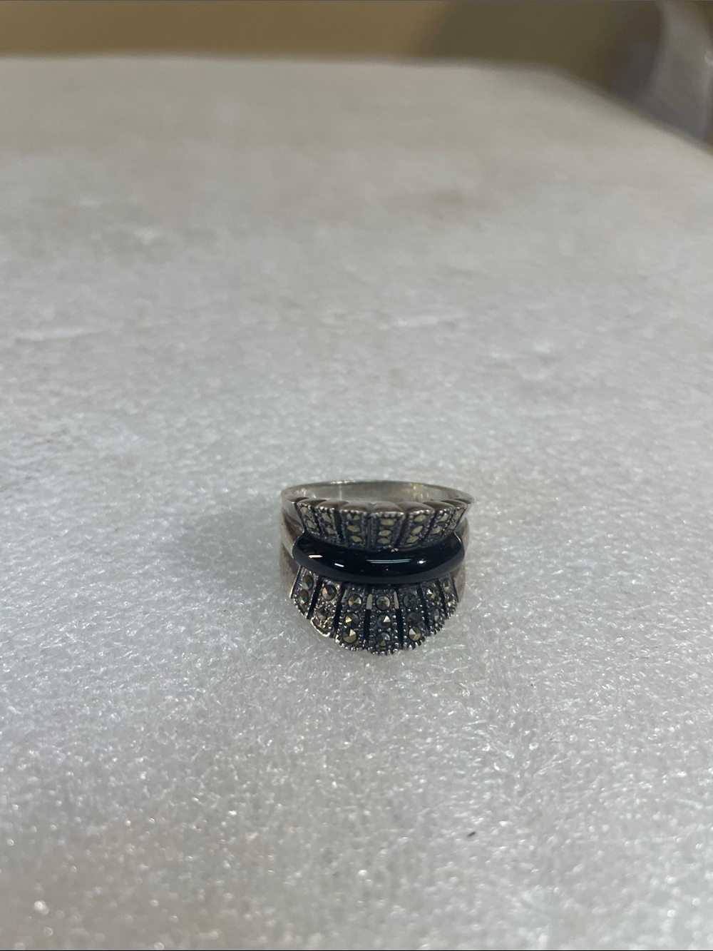 Black and Silver Women's Decorative Ring with Marcasite Accent